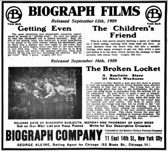 Ad for Biograph new releases in the New York Dramatic Mirror, Sept. 18, 1909. Biograph Ad Broken Locket NYDM 09181909