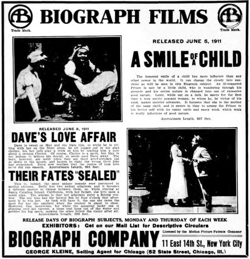 Biograph Ad from the NYDM, June 7, 1911. NYDM DLA Adv Jun 7 1911