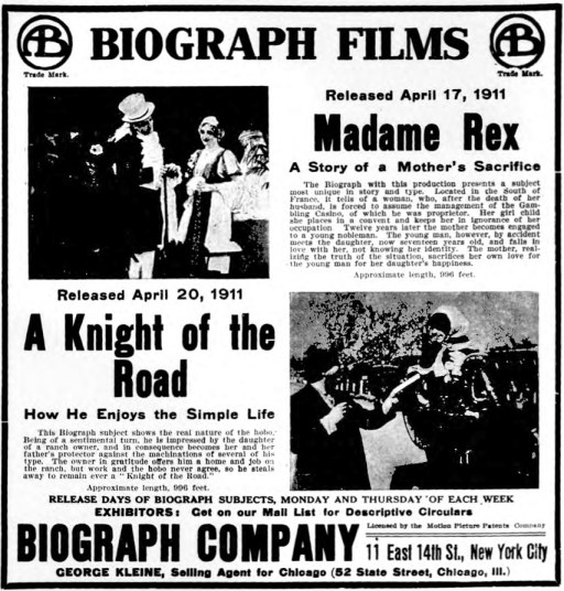 Biograph Ad, NYDM, April 19, 1911. NYDM KotR Adv Apr 19 1911