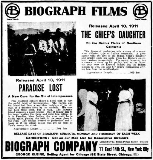 Biograph Ad for new releases, including NYDM ParaLst Adv Apr 12 1911