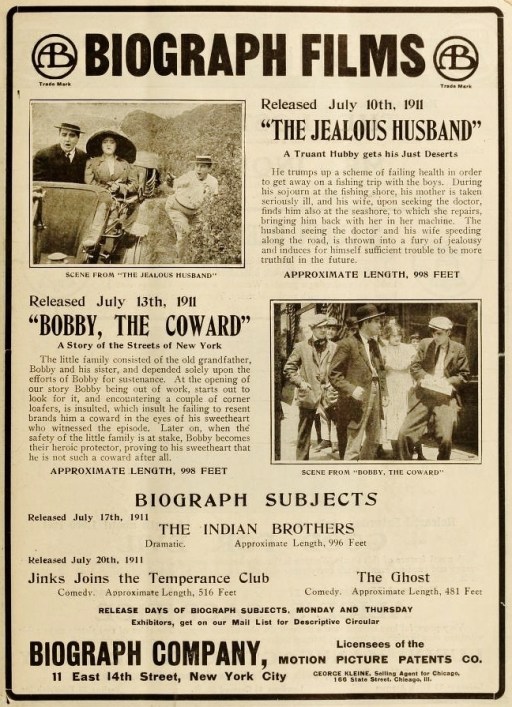 Ad for Biograph releases in The Moving Picture World, July 15, 1911, including moviwor09 Jul 15 1911_0011 crp