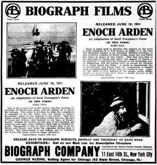 Biograph Ad, NYDM, Enoch Arden, Jun 14 1911. NYDM EnochArd Adv Jun 14 1911
