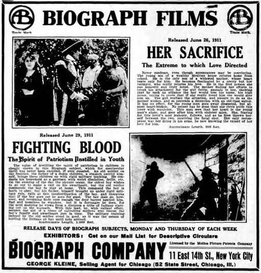 Biograph Ad, NYDM June 28, 1911. NYDM HerSacFightBld Ad Jun 28 1911