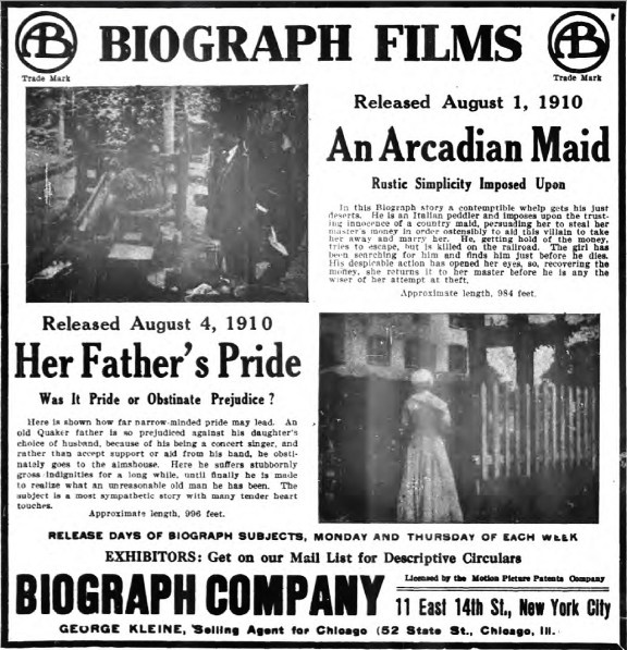 Biograph Ad, The New York Dramatic Mirror, Aug 6 1910. NYDM Aug 6 1910 Ad crop